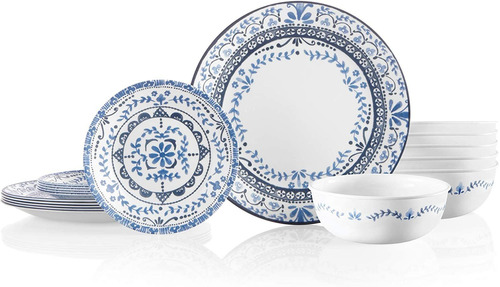 Set De Vajilla Corelle, Portofino, Blanco, Azul, 18 Pcs