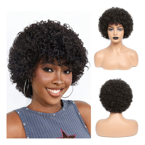 Eileen Peluca Afro De Cabello Humano Corto Rizado Rizado Par