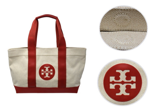 Bolsa Tory Burch Tote Color Natural Con Vistas Rojas 