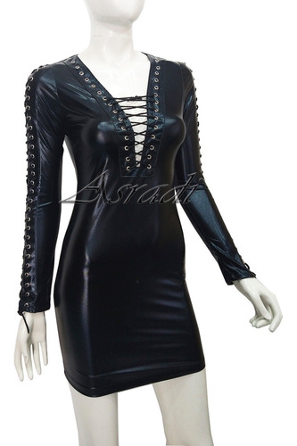 Vestido Vinipiel Metalico Agujeta Sexy Noche Gotico Antro 