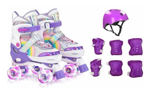 Patins Quad Lindo Roxo Ajustável + Kit Proteção Rodinhas Led