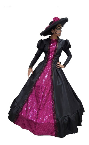 Vestido Fucsia Con Negro Disfraz De Catrina Elegante Niñas