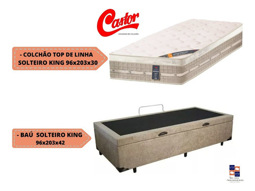 Cama Box Baú Solteiro King + Colchão De Molas Castor 96x203 Cor Suede Bege