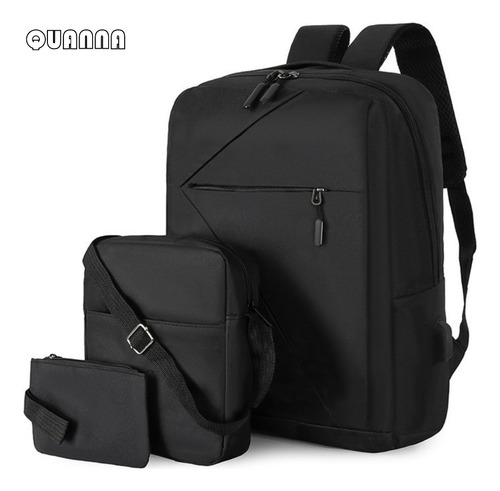 Mochila Antirrobo Carga Usb Quanna Escolar Portátil Casual 3 Piezas Color Negro Diseño De La Tela Tela Oxford Poliéstermochila Antirrobo Impermeable, Mochila De Computadora Portátil, Bolsa De Tableta