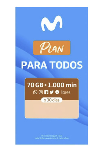 Chip Movistar Prepago Incluye 70 Gigas + 1000 Min X 30 Días