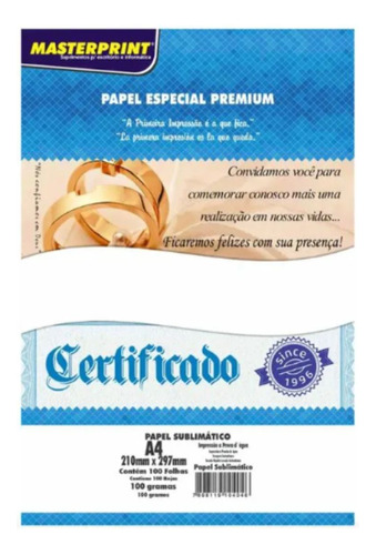 Papel Sublimático A4 100g Branco 100 Fls Masterprint Premium