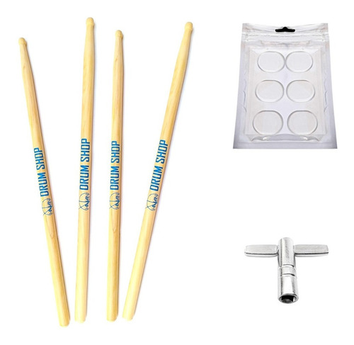 Kit Baterista Com 4 Baquetas + Gel Abafador + Chave Afinação