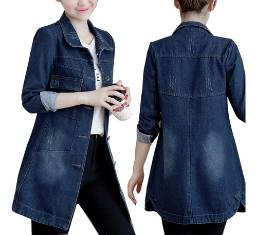 Chaqueta Mujer Jean Abrigo Largo Delgadolongitud Media