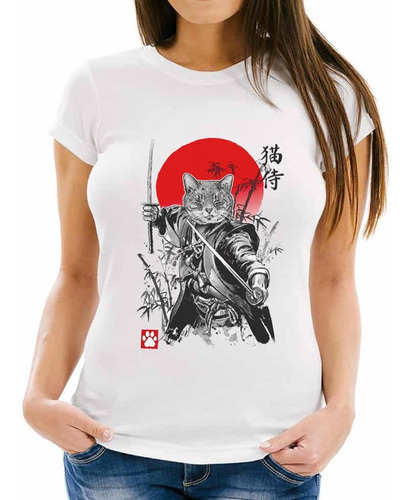 Playera Cat Gato Samurai Estilo Japones Retro Dama