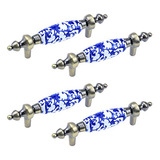 4 Tiradores De Cajon Ceramica Azul Blanco Floral Y Bronce 
