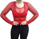 Camiseta De Red Elastizada Mangas Largas Lencería Femenina