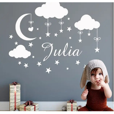 Vinil Decoración Para Pared Habitacion Niña Nubes Estrellas Blanco