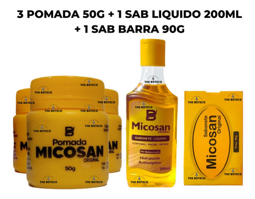 Kit Micosan 3 Pomada 50g + Sabonete Líquido + Sab Barra 90g