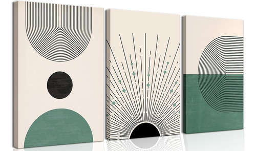 3 Cuadros Canvas Decorativos Verde Abstracto Moderno Bauhaus