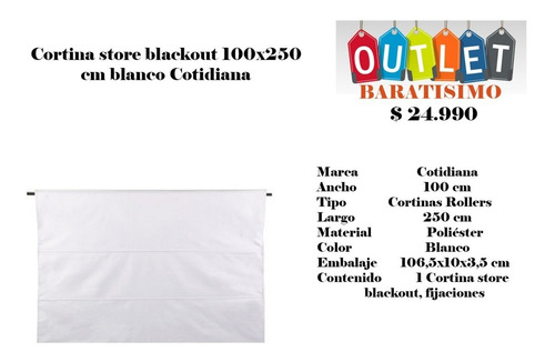 Cortina Store Blackout 100x250 Cm Blanco Cotidiana