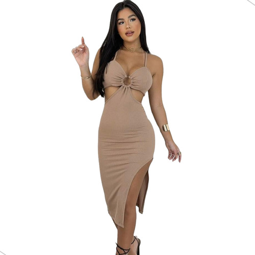 Vestido Canelado Midi Fenda Moda Gringa Modelador Casual