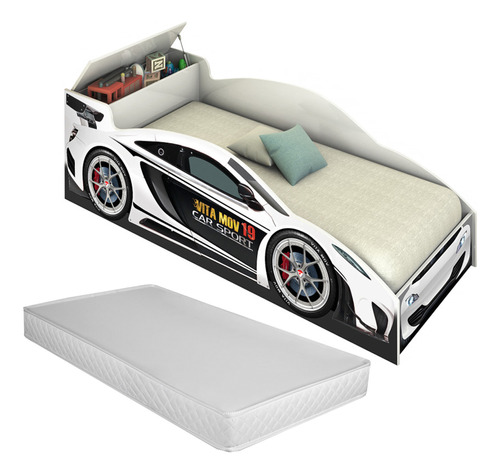 Cama Berço Carro Branco Infantil Baú Brinquedo E Colchão