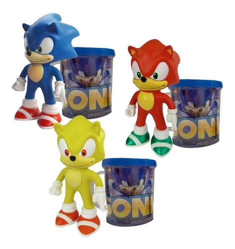 Sonic Azul, Vermelho E Amarelo- Kit Com 3 Bonecos + Canecas