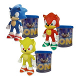 Sonic Azul, Vermelho E Amarelo- Kit Com 3 Bonecos + Canecas