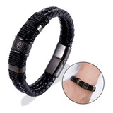 Pulseira Masculina Executiva De Couro Fecho Imã Ródio Negro