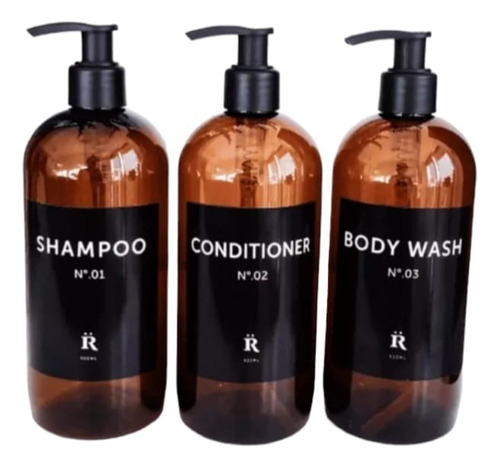 Dispenser Set 3 De Plastico Ámbar Shampoo, Acond, Body Wash