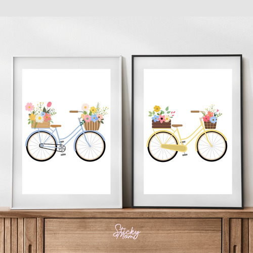 Laminas Imprimibles Set X5 Bicicleta Deco Floral Para Cuadro