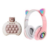 Fone De Gatinho Rosa Criança Led Bluetooth + Brinquedo Popit