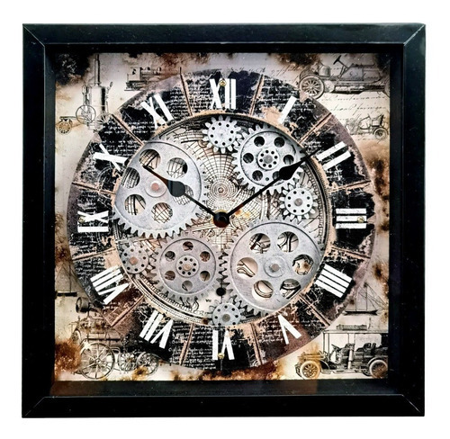 Reloj Cuadro Decorativo De Pared Con Engranes En Movimiento Color De La Estructura Negro Color Del Fondo Dorado