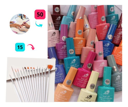 Kit 15 Pincéis + 50 Esmaltes Gel Salão Luxo Brinde Festa