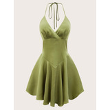 Vestido Verde Halter De Espalda Abierta Con Cordón