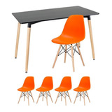 Kit Mesa Jantar Eames Retangular  4 Cadeiras Eiffel Wood Av Cor Da Tampa Mesa Preto Com Cadeiras Laranja