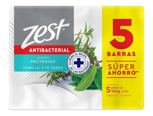 Jabón En Barra Zest Antibacterial Con Tomillo Y Té Verde 5 Barras De 100g