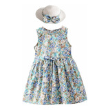 Vestido Niña Verano Floral Azul Sin Manga Sombrero De Regalo