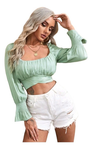 Blusa Dama Crop Top Straple Manga Larga Linda