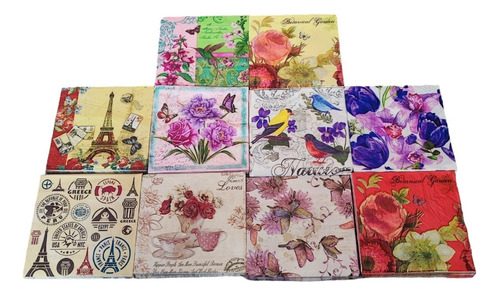 Pack 10 Servilletas Decoupage Flores Aves Viaje Decoracion