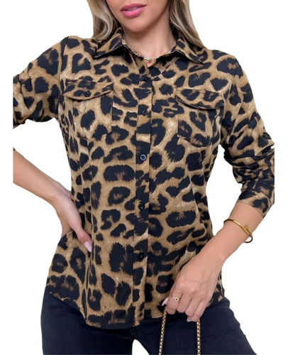 Camisa Blusa Social Feminina Animal Print Onça