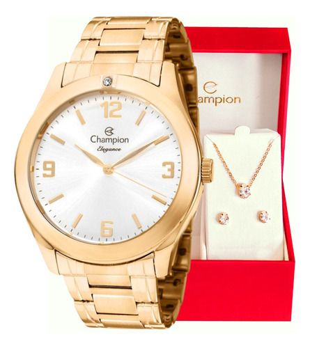 Relógio Champion Feminino Dourado Cn29865s + Kit Berloques Cor Do Fundo Branco