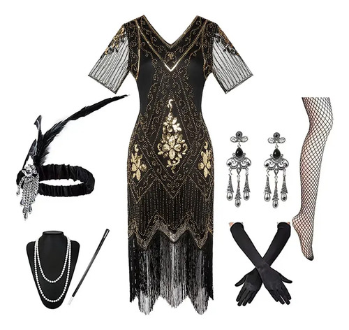 Vestido De Cóctel Con Flecos Y Encaje Vintage De Los Años 20,vestido 1920s Elegantes Noche,vestido Cuentas De Lentejuelas Y Accesorios El Gran Gatsby | Meses sin interés