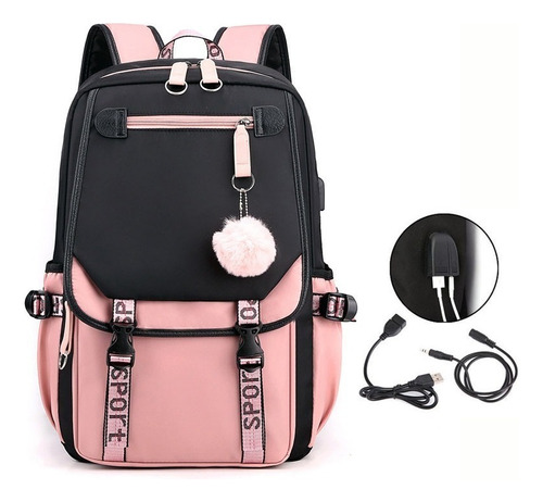 Mochila Anti-roubo Kawaii Para Jovens Coreanos Com Porta Usb Cor Preto/rosa