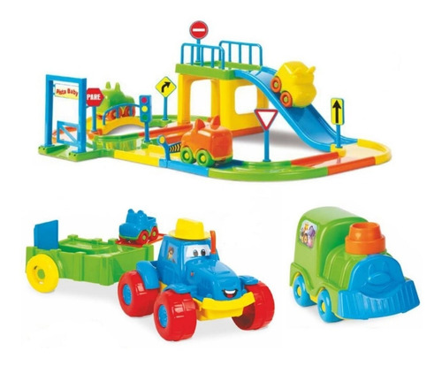 Pista De Carrinhos Brinquedo + Trem Infantil + Trator Baby