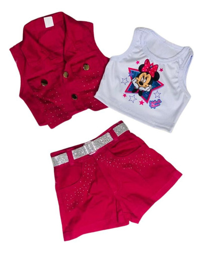 Conjunto Feminino Infantil Shorts+ Cropped + Colete + Cinto