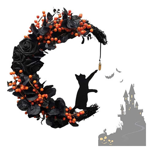 Corona De Gato Con Luna De Halloween Para Decoración De  [u]