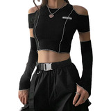 Blusa Crop Top Mujer Y2k Cuello Redondo Hueco Manga Larga