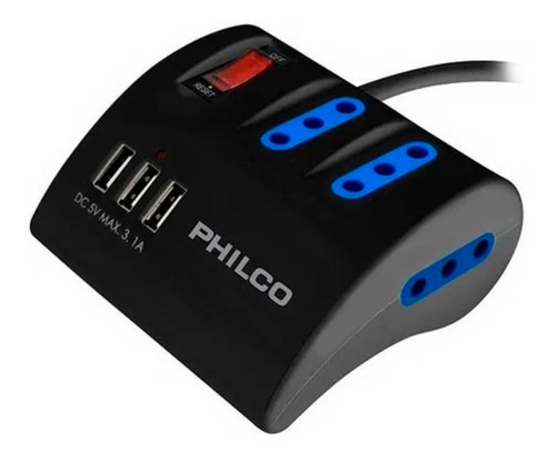 Extersion 3 Tomas Con 3 Usb Philco 2043 Negro 1.5m 