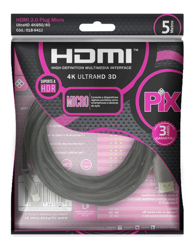 Cabo Micro Hdmi Para Hdmi 2.0 4k 5,00 Metros