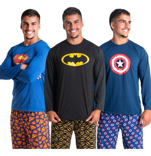 Kit 3 Pijamas Adulto Inverno Longo Pai Estampado Super Herói
