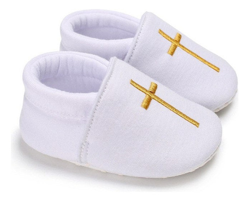 Zapato De Bebé Blanco Para Bautizo Cruz Bordada Color Dorado