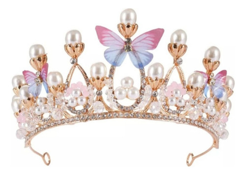 Corona Tiara Joya Cristal Cumpleaños Niña Mujer Perlas Oro