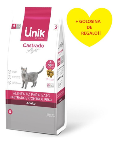 Alimento Unik Gatos Castrados Control Peso  7.5k + Regalo!!