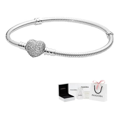 Brazalete Pandora Moments Con Broche De Corazón Centelleante Largo 21 Cm Plateado